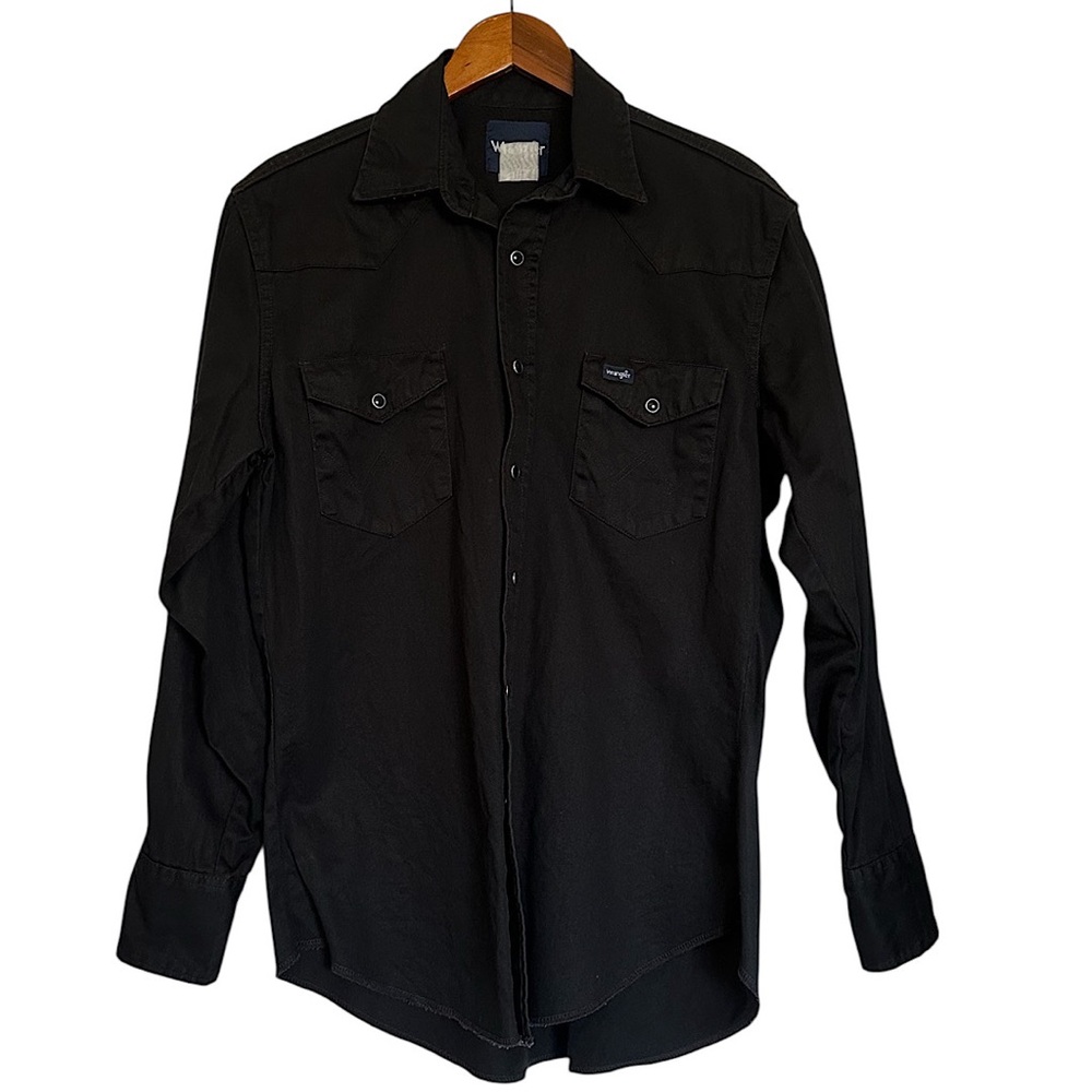 Vintage Wrangler Black Snap Buttons Western Work Shirt Men's Long Sleeve Size S